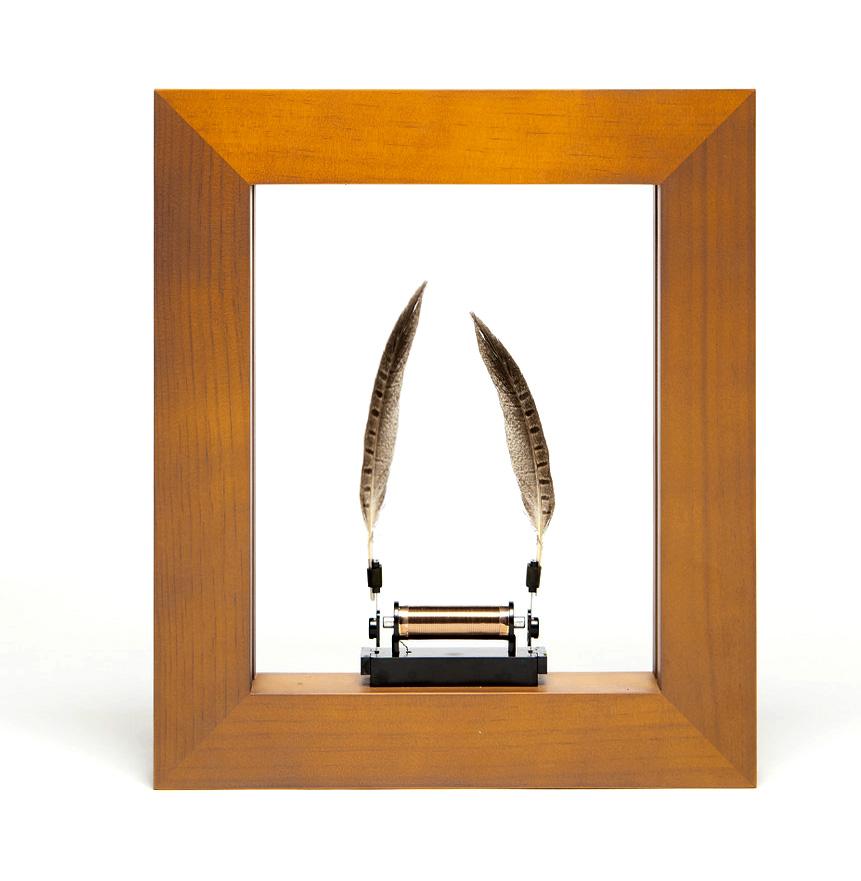 Framed kinetic sculpture with two feathers powered by a mechanism.