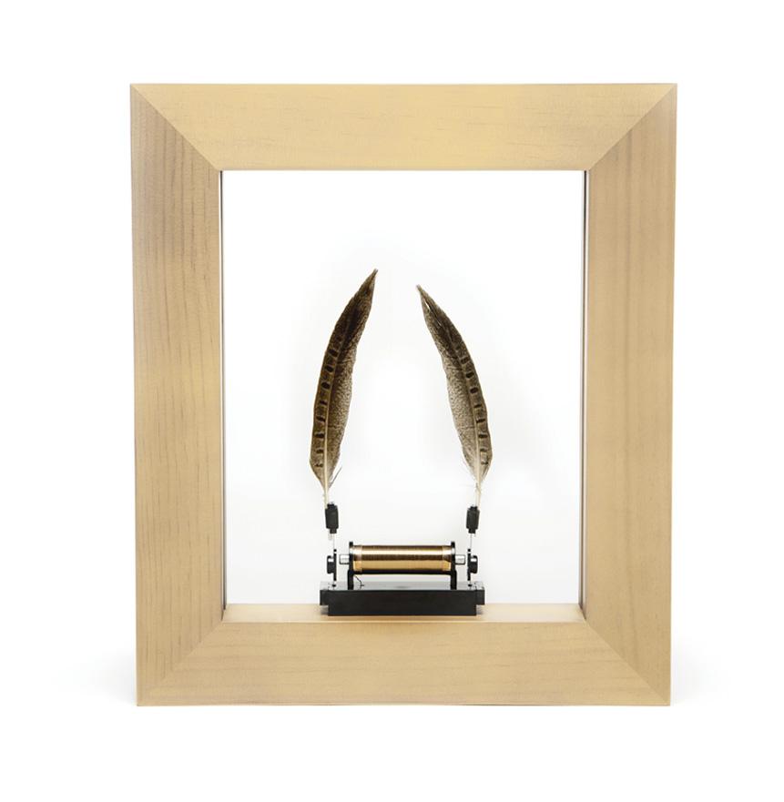 Framed kinetic sculpture with two feathers powered by a mechanism.